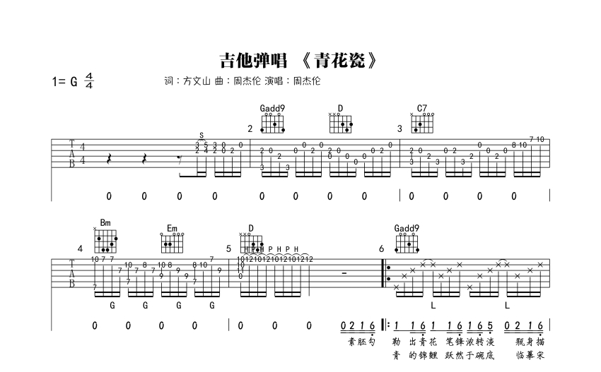 周杰倫青花瓷吉他譜g調吉他彈唱譜