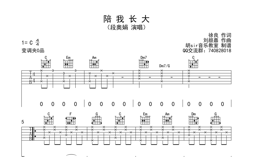 段奥娟陪我长大吉他谱c调吉他弹唱谱