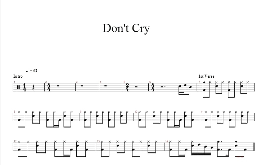 Guns N Roses枪支玫瑰《Don't Cry》鼓谱_架子鼓谱