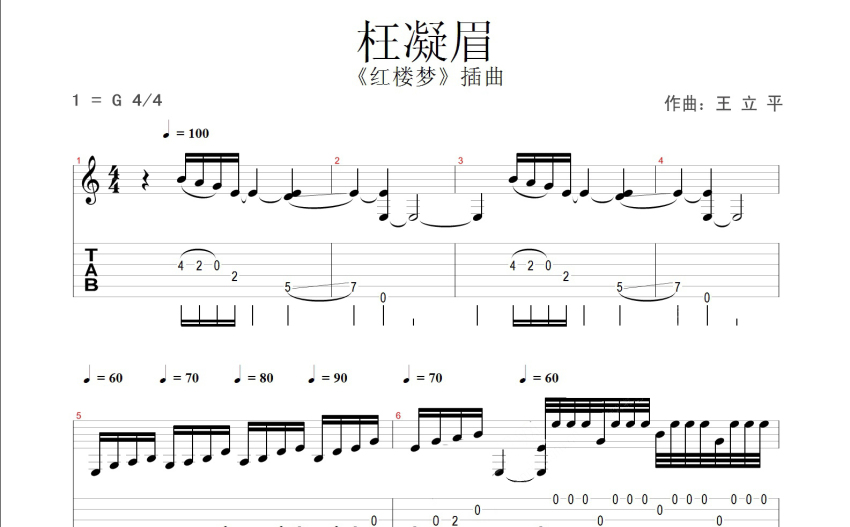 陳力枉凝眉吉他譜g調吉他獨奏譜