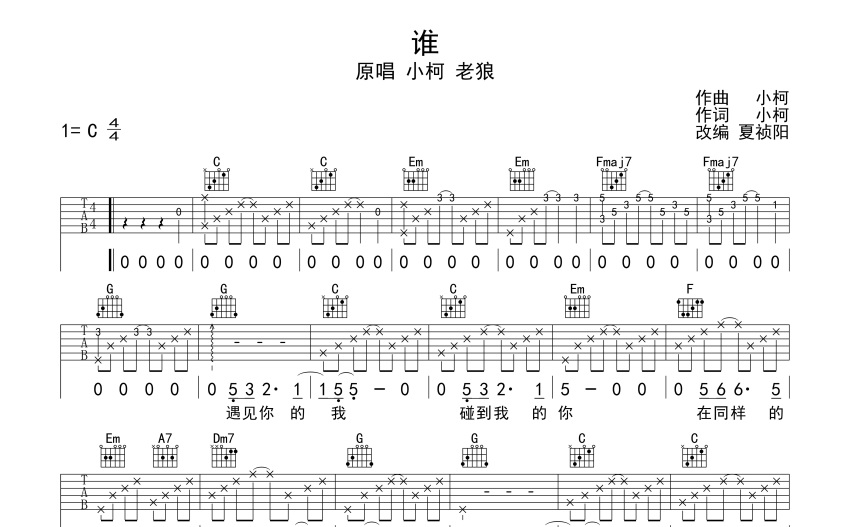 廖俊涛小柯老狼谁吉他谱c调吉他弹唱谱