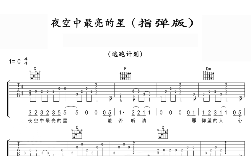 逃跑计划《夜空中最亮的星》吉他谱 C调吉他独奏谱 打谱啦