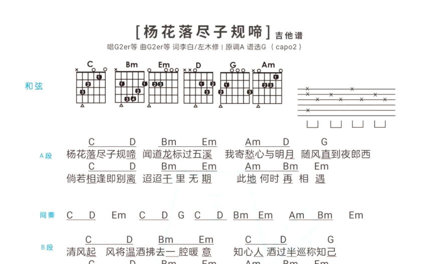 黃詩扶g2er楊花落儘子規啼吉他譜g調吉他彈唱譜和絃譜