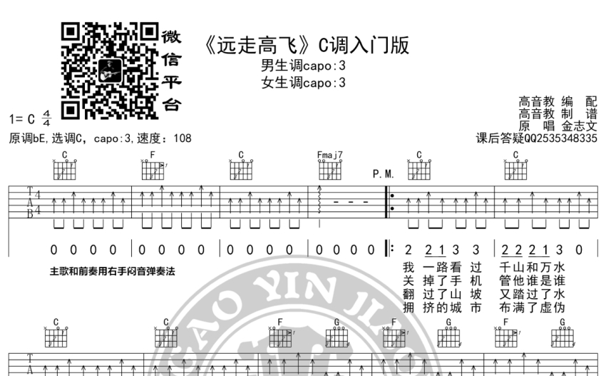 金志文远走高飞吉他谱c调吉他弹唱谱入门版