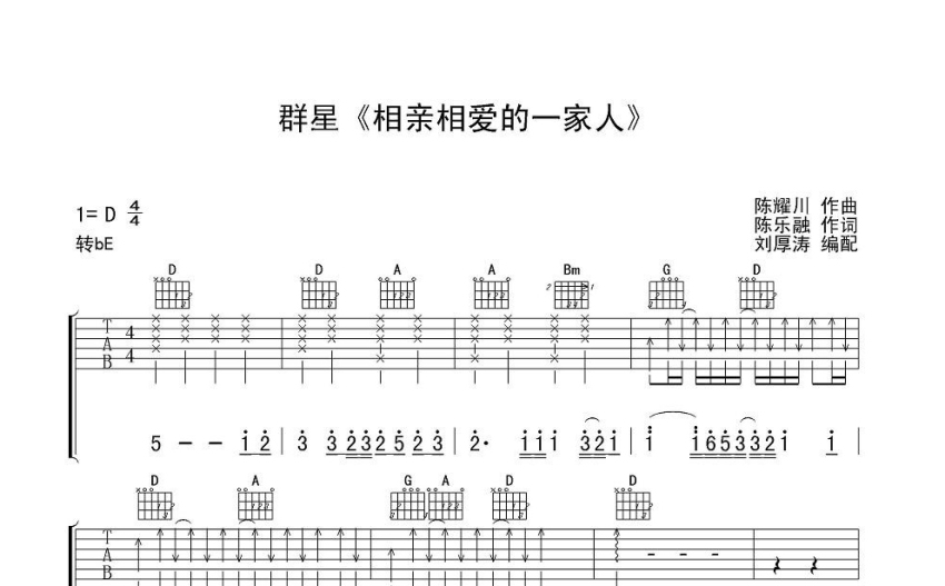 群星《相亲相爱一家人》吉他谱_d调吉他弹唱谱