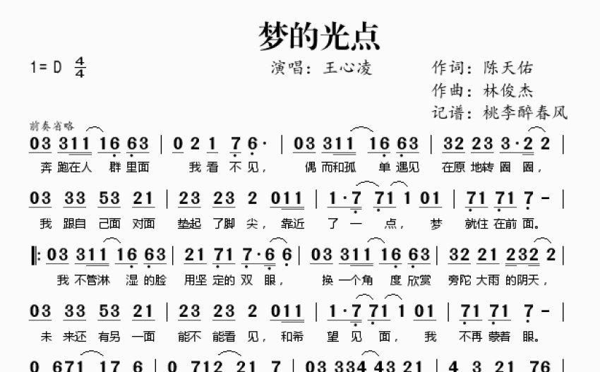 王心凌梦的光点歌词简谱