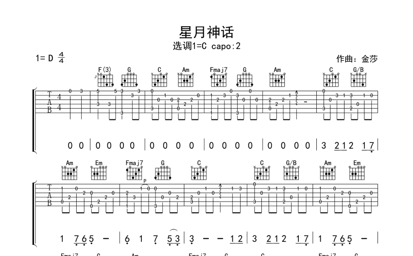 金莎星月神話吉他譜c調吉他獨奏譜