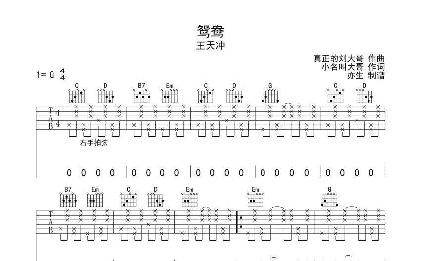 王天冲鸳鸯吉他谱g调吉他弹唱谱