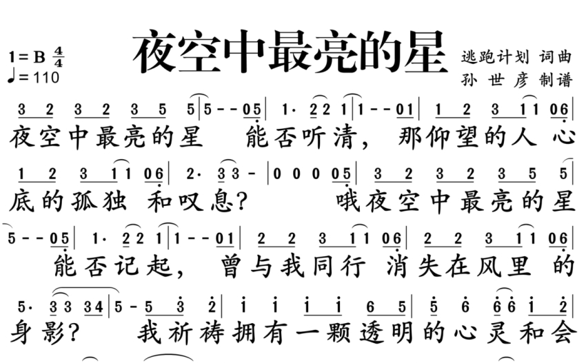 逃跑计划《夜空中最亮的星》歌词_简谱