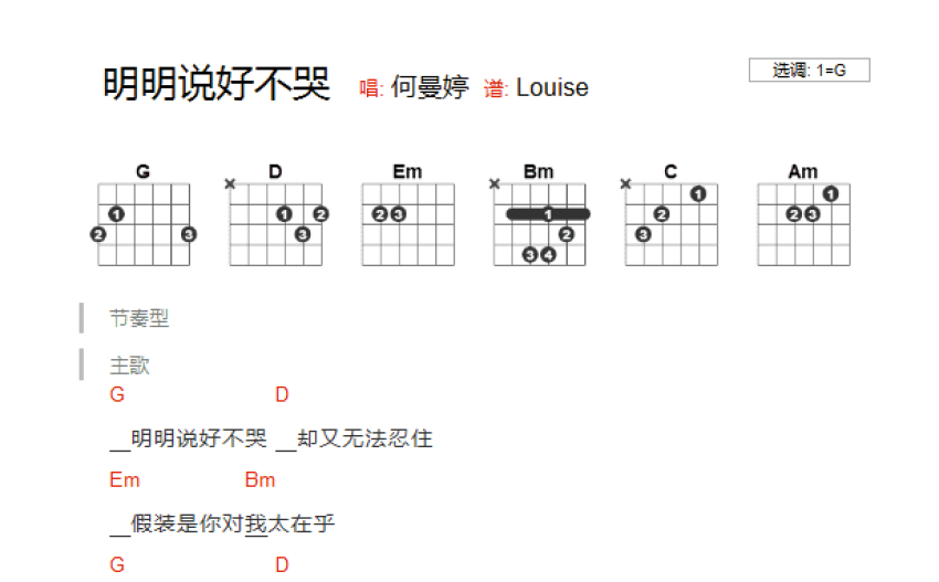 《明明說好不哭》吉他譜_架子鼓譜_鋼琴譜_尤克里裡譜_簡譜_歌詞_高清