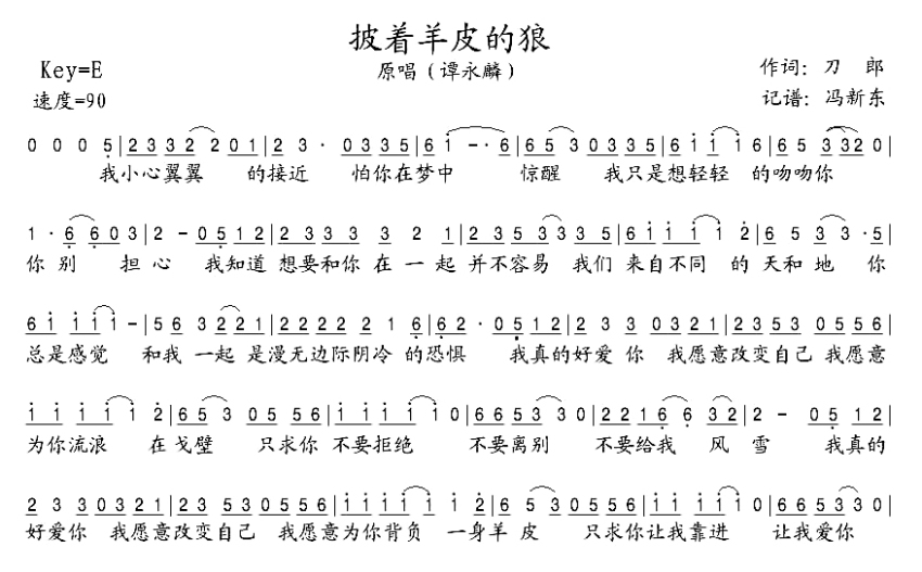 譚詠麟《披著羊皮的狼》歌詞_簡譜