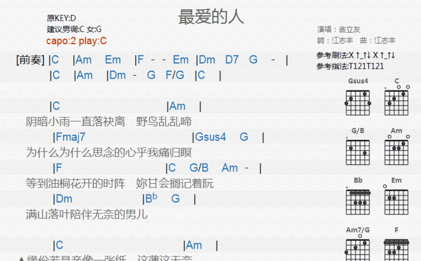 翁立友《最爱的人》吉他谱_c调吉他弹唱谱_和弦谱