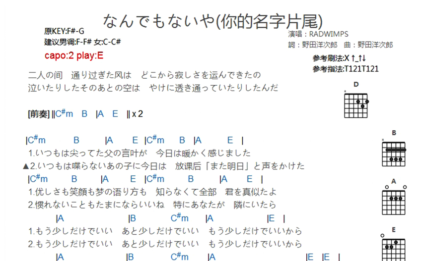 radwimps《なんでもないや》吉他谱_吉他弹唱谱_和弦谱