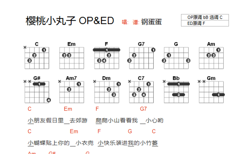钢蛋蛋樱桃小丸子吉他谱c调吉他弹唱谱和弦谱
