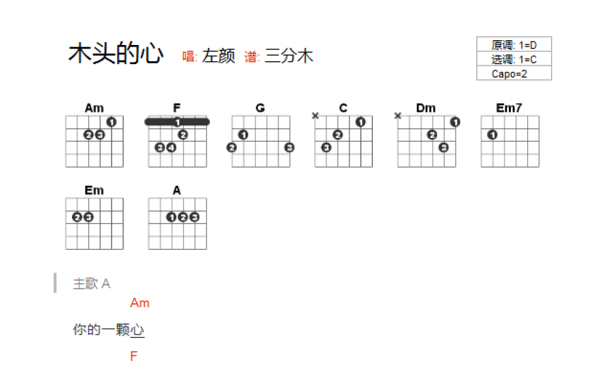 左颜木头的心吉他谱c调吉他弹唱谱和弦谱