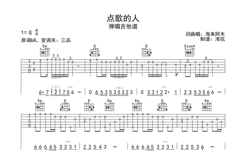 海来阿木点歌的人吉他谱g调吉他弹唱谱