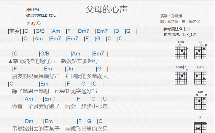 孫淑媚《父母的心聲》吉他譜_c調吉他彈唱譜_和絃譜