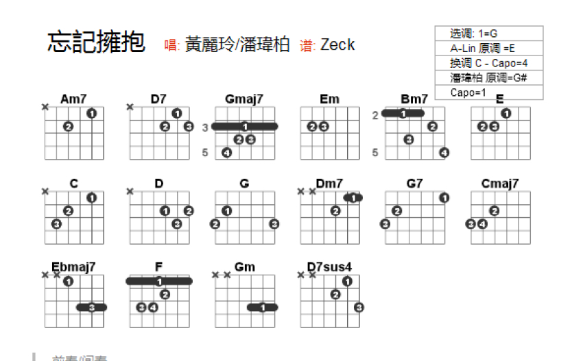 黄丽玲潘玮柏忘记拥抱吉他谱g调吉他弹唱谱和弦谱