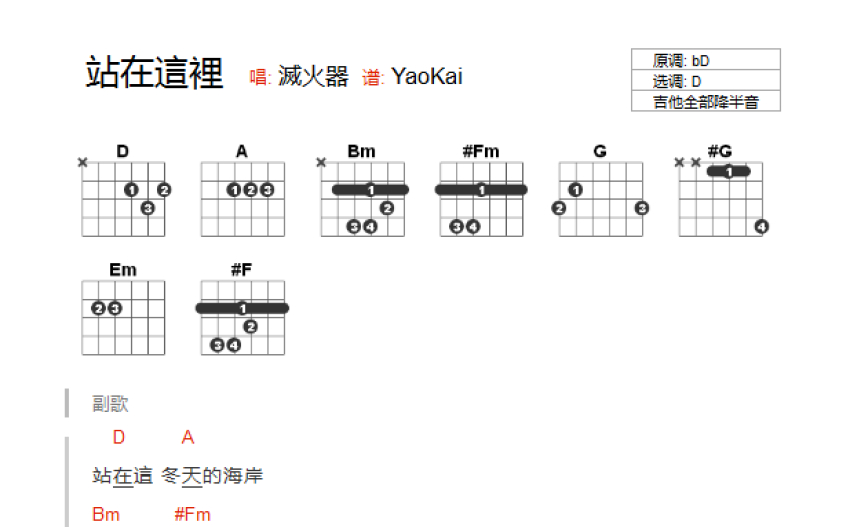 滅火器站在這裡吉他譜g調吉他彈唱譜和絃譜