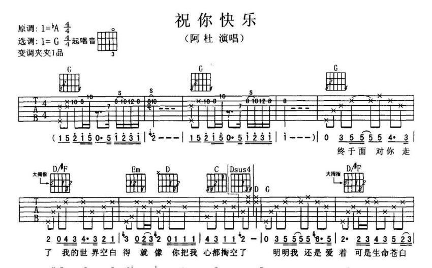 阿杜《祝你快樂》吉他譜_g調吉他彈唱譜