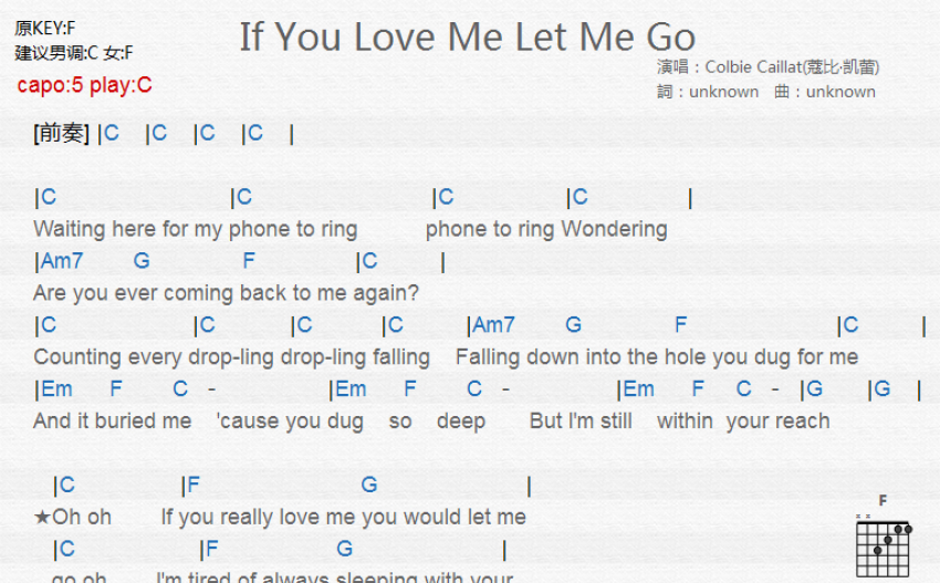 colbiecaillatifyoulovemeletmego吉他譜c調吉他彈唱譜和絃譜