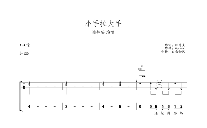 梁靜茹小手拉大手c調尤克里裡譜掃弦