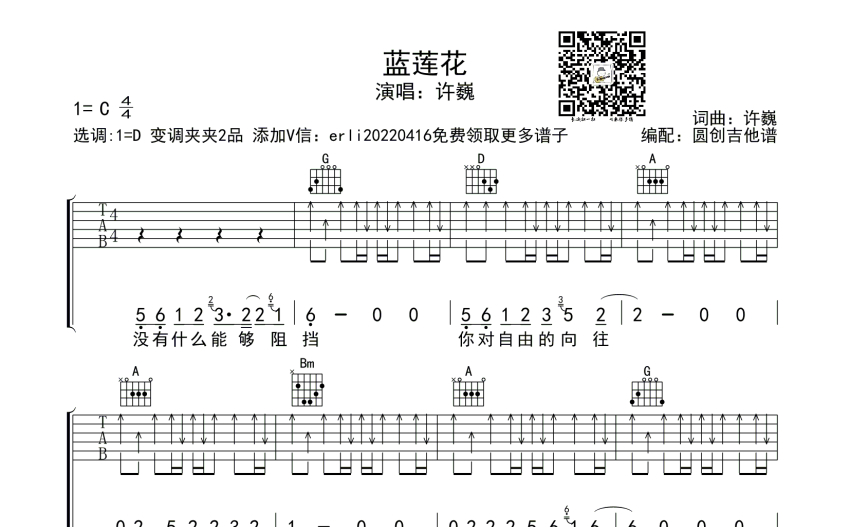 许巍《蓝莲花》吉他谱 C调吉他弹唱谱 扫弦编配原版编配 打谱啦