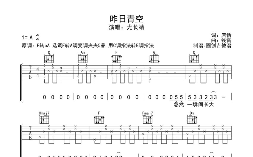 尤长靖昨日青空吉他谱f调吉他弹唱谱分解加扫弦编配原版编配