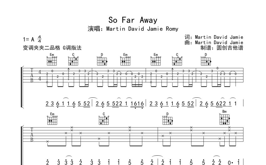 Martin David Jamie《So Far Away》吉他谱_A调吉他弹唱谱