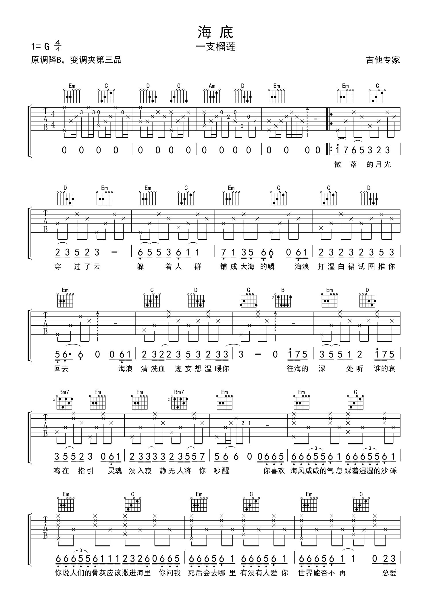 一只榴莲海底吉他谱g调吉他弹唱谱