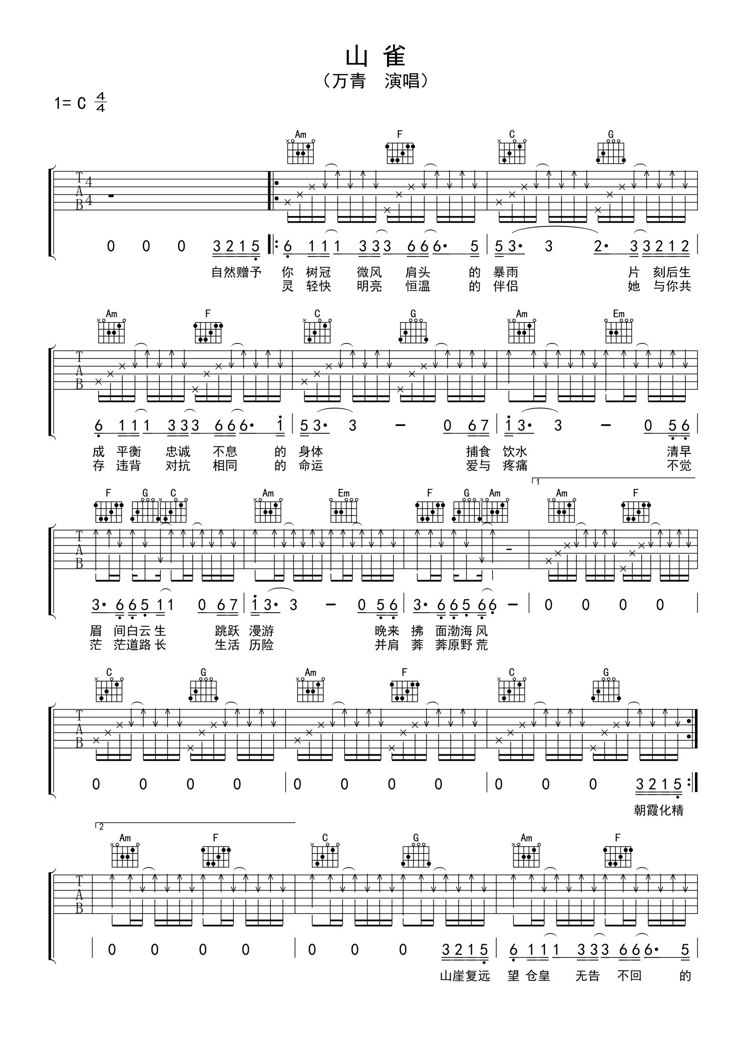 萬能青年旅店山雀吉他譜c調吉他彈唱譜