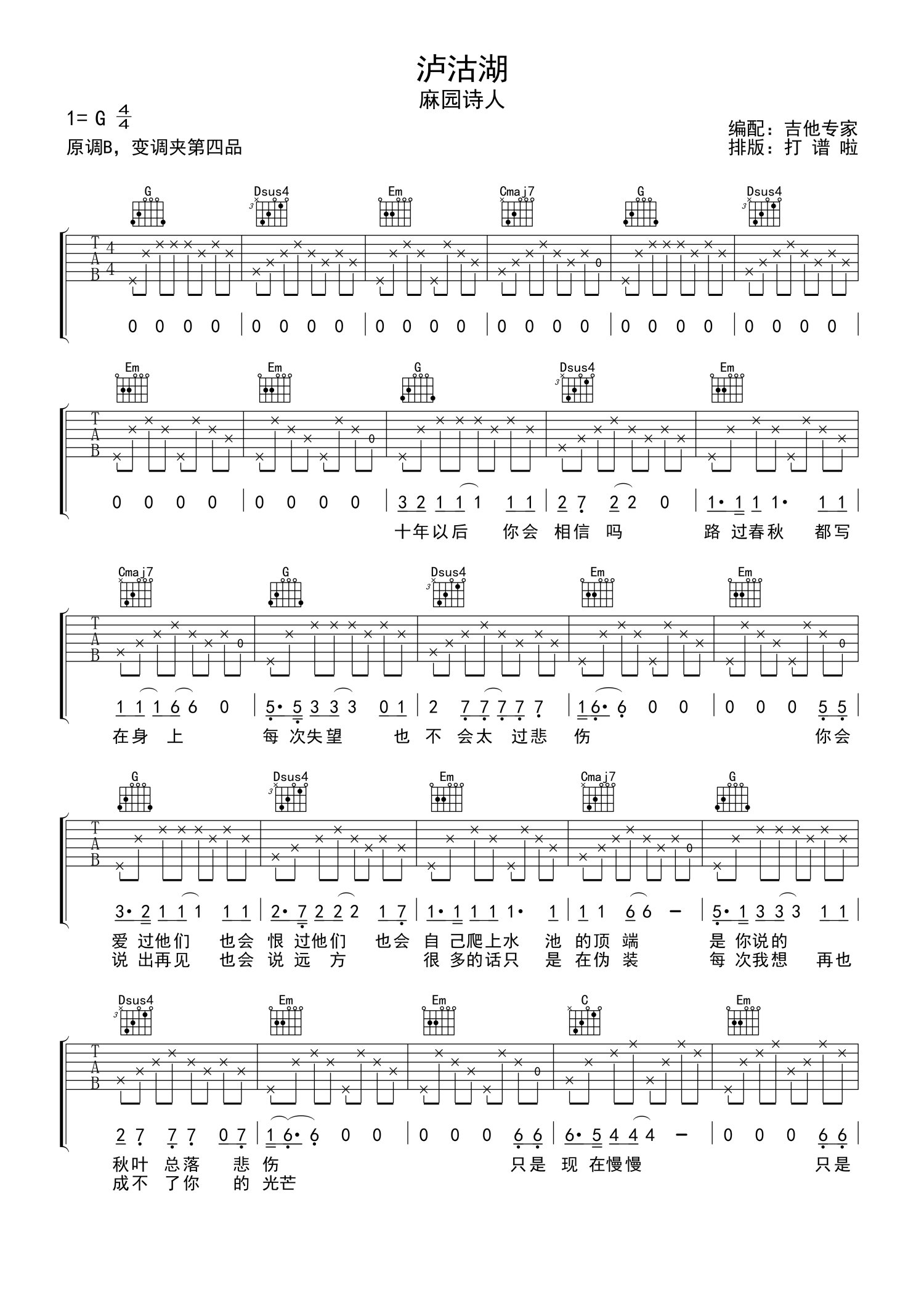 麻园诗人泸沽湖吉他谱g调吉他弹唱谱