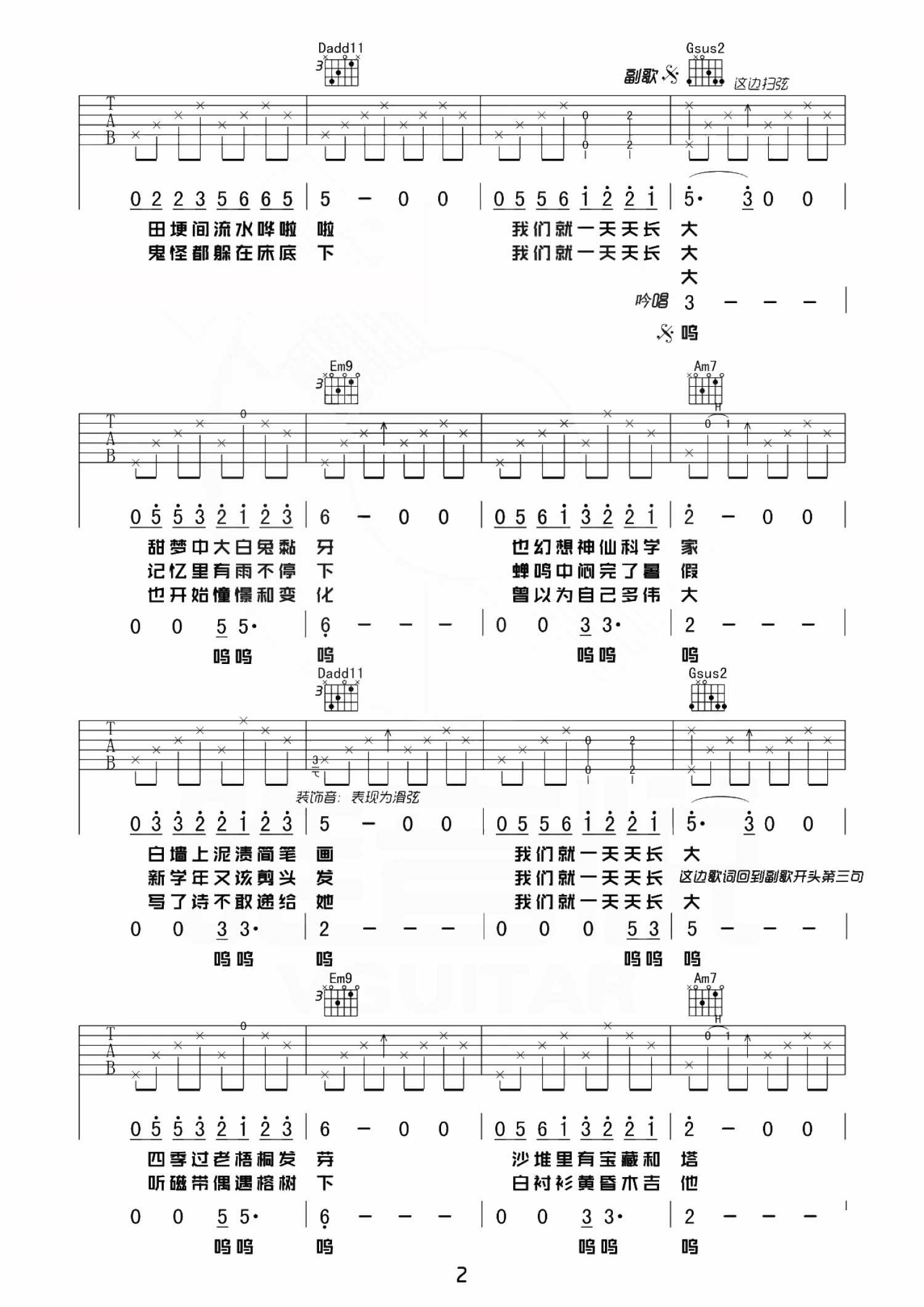《儿时》吉他谱C调简单版 - 初学初级版 - 刘昊霖六线谱 - C调和弦 - 吉他简谱