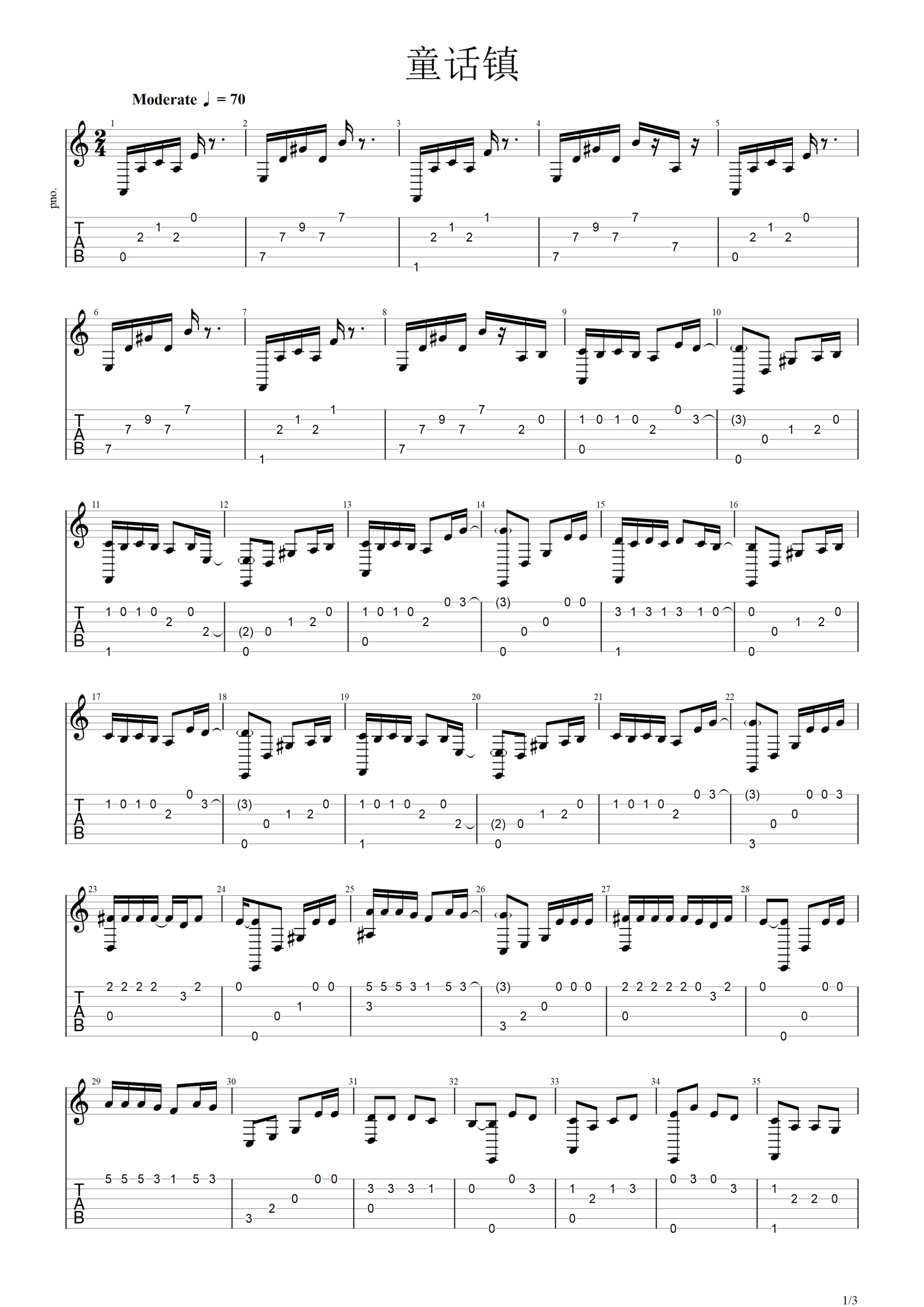 指弹独奏谱《童话》- 吉他谱 选用G调指法编配 - 初级谱子 - 六线谱(独奏/指弹谱) - 易谱库