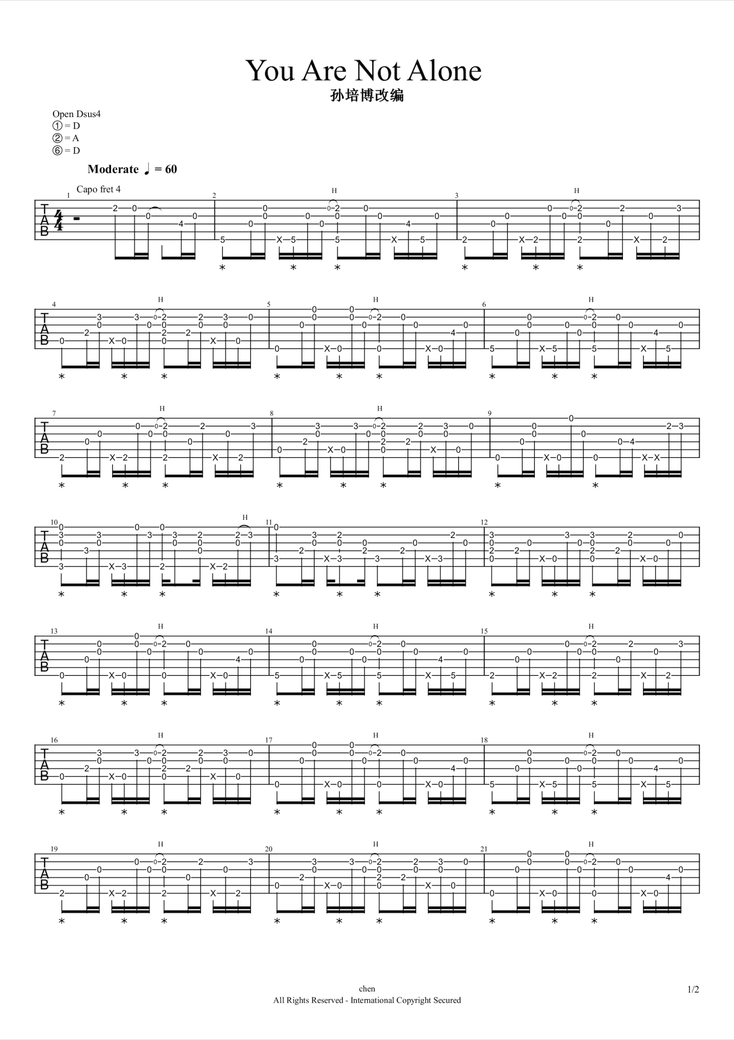 《Alone》吉他谱C调和弦简单版 - Alan Walker六线谱 - C调指法编配 - 吉他简谱