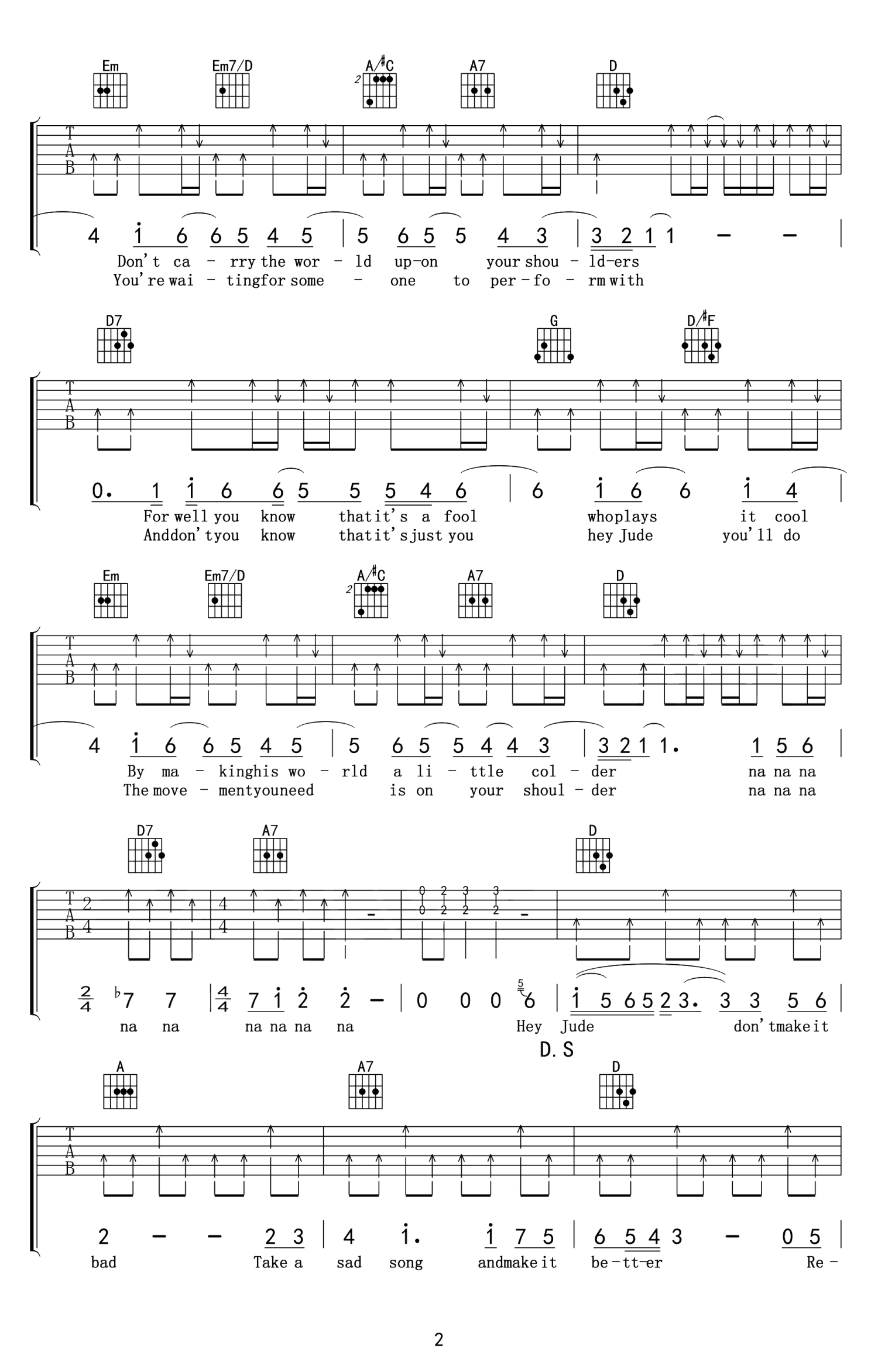 HEY JUDE吉他谱-THE BEATLES-G调弹唱六线谱-图片谱-吉他控