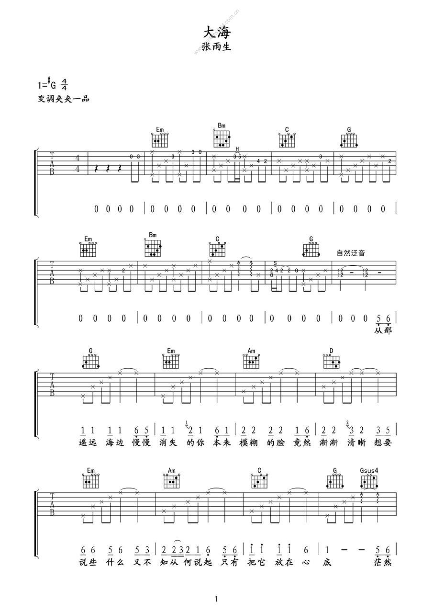张雨生 - 大海 [弹唱] 吉他谱