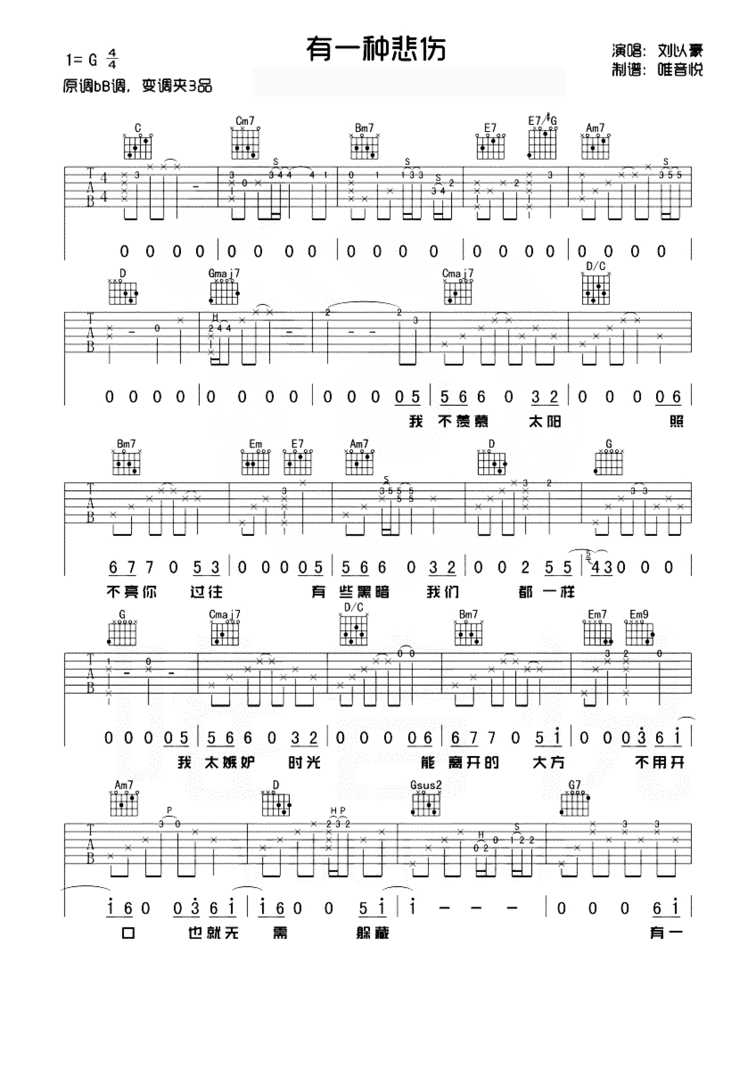 劉以豪有一種悲傷吉他譜g調吉他彈唱譜