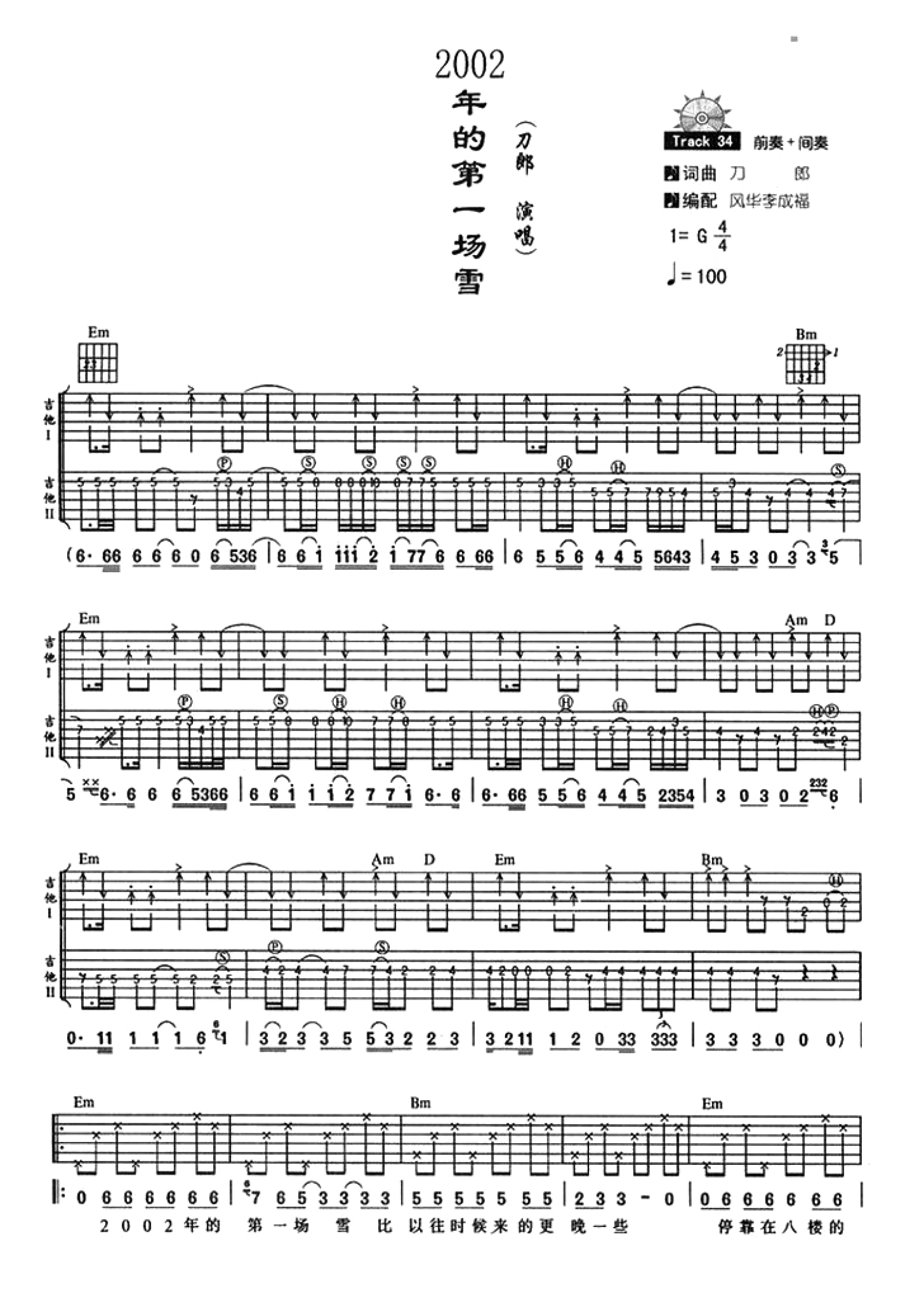 刀郎的完整版吉他六线谱《喀什噶尔胡杨》- 中级国语吉他谱 - F调指法编配 - 变调夹Capo=0 - 易谱库