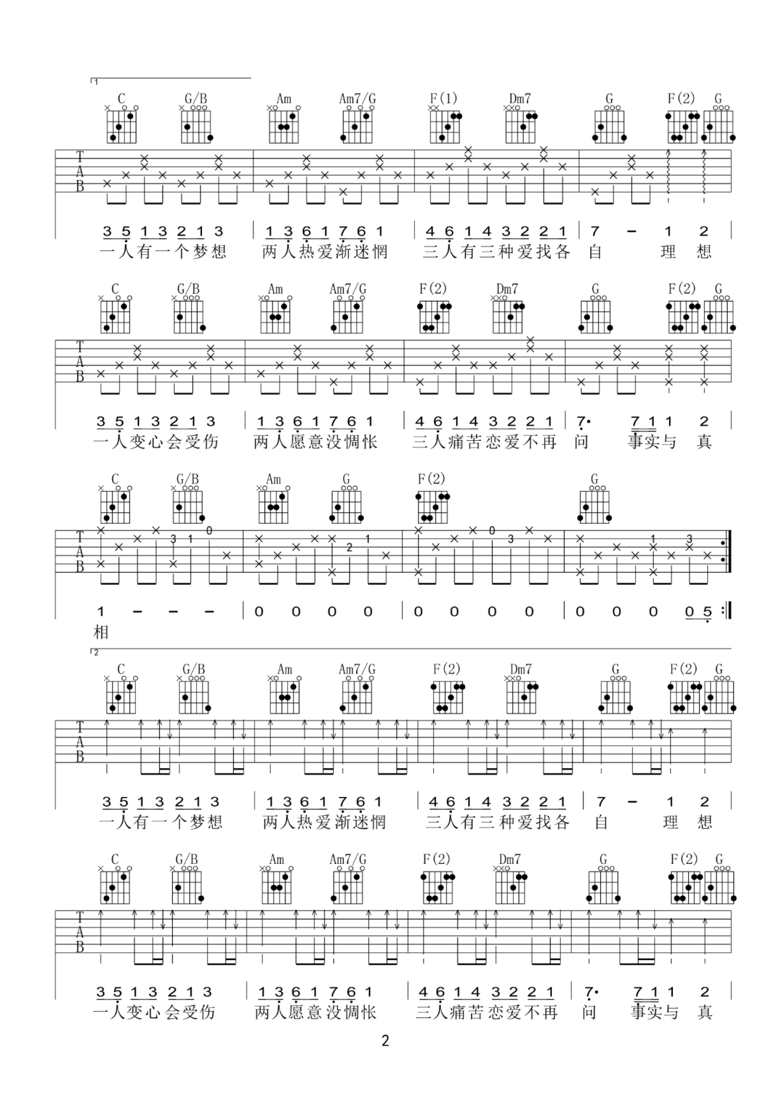 扫弦节奏《一个人的世界》吉他谱简单版 - 韩雅黎吉他谱 - 选用C调编配 - 易谱库
