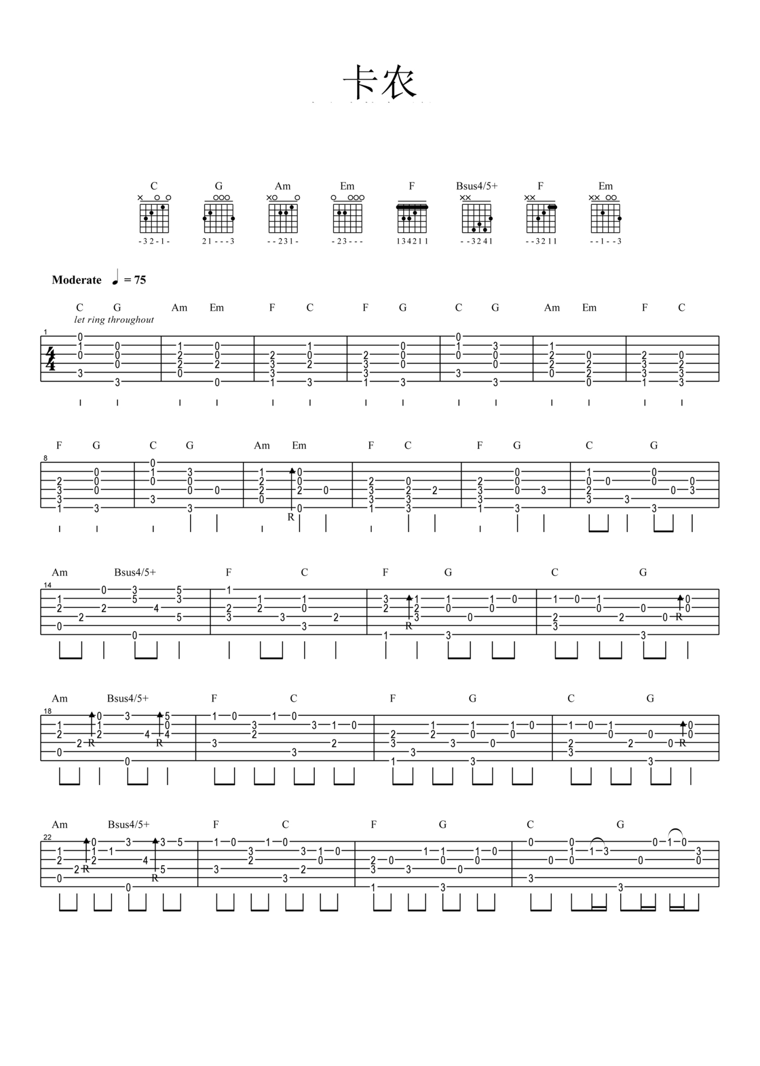 《卡农》卡农指弹吉他谱简单版及视频教学_吉他163
