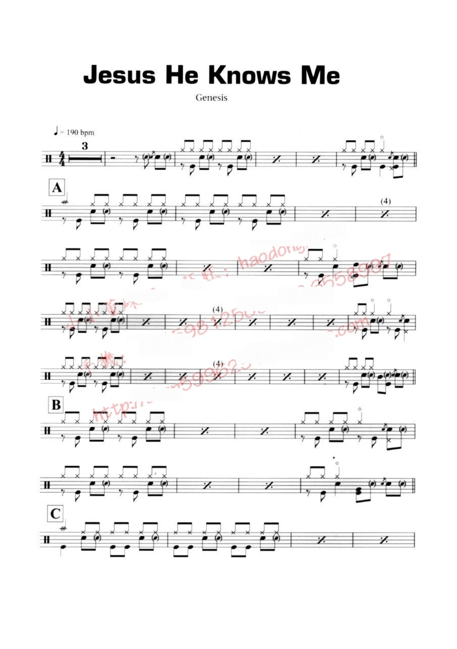 Genesis《Jesus He Knows Me》鼓谱_架子鼓谱 打谱啦