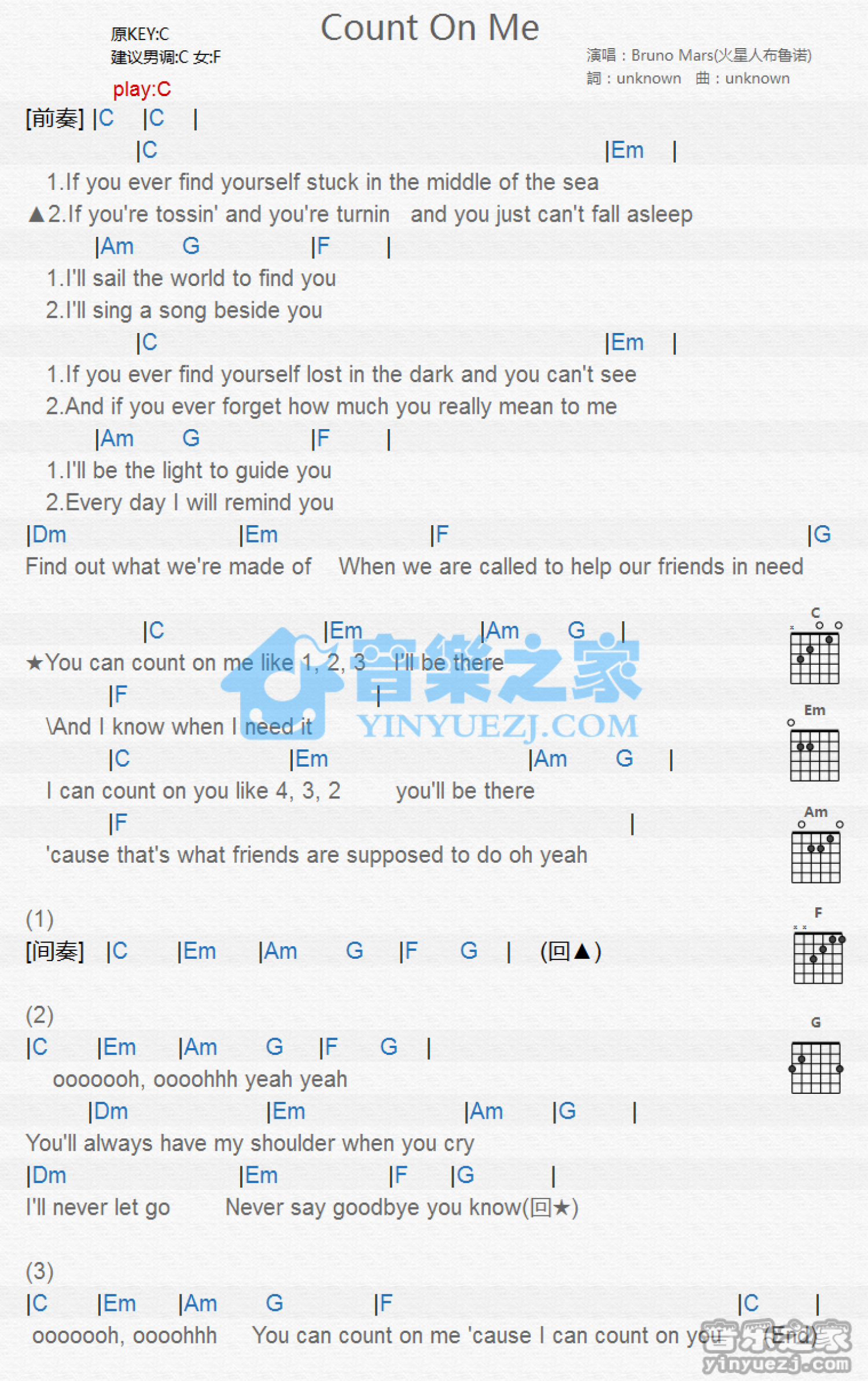 brunomarscountonme吉他谱c调吉他弹唱谱和弦谱