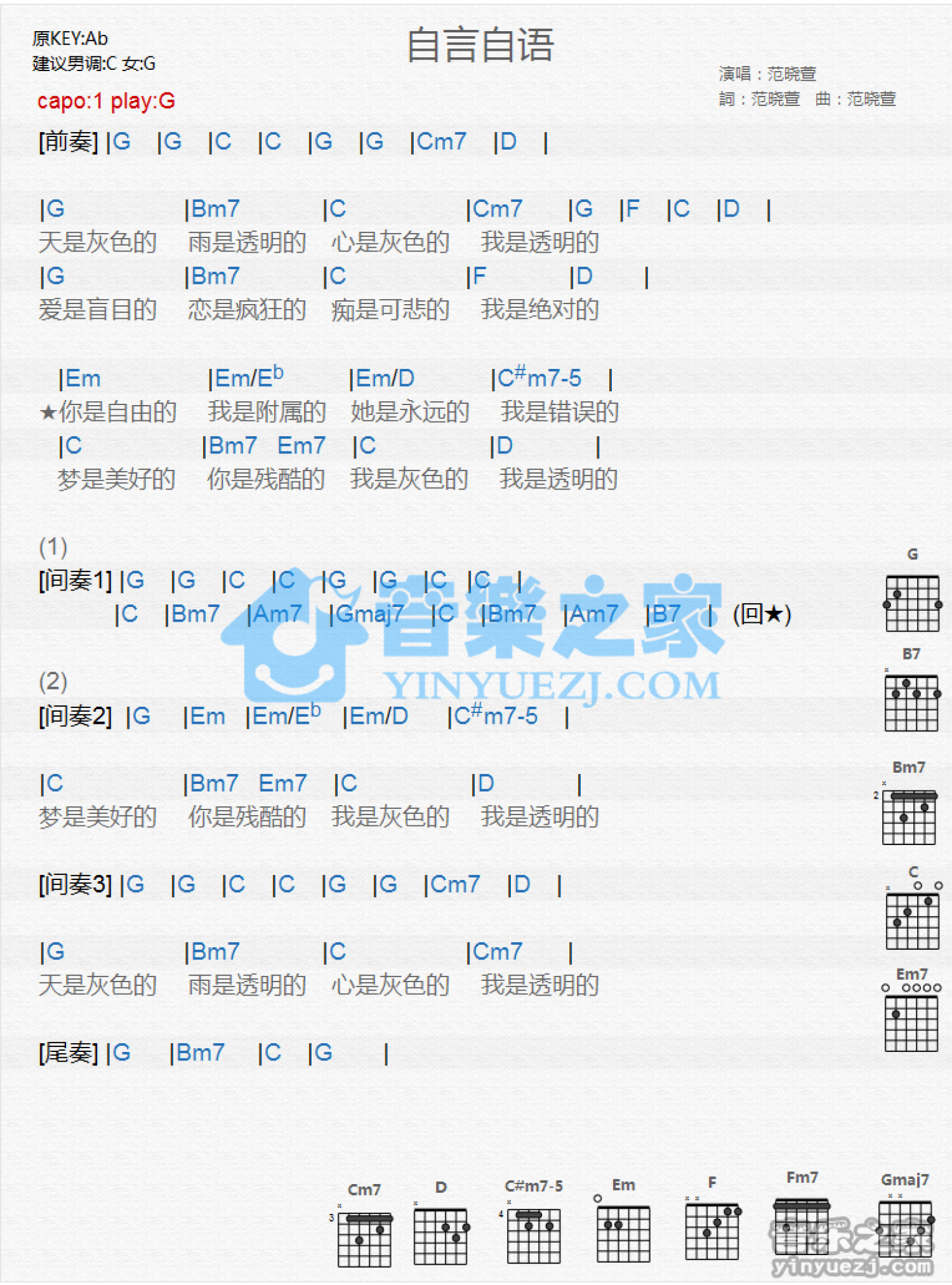 范晓萱《雪人》C调吉他谱