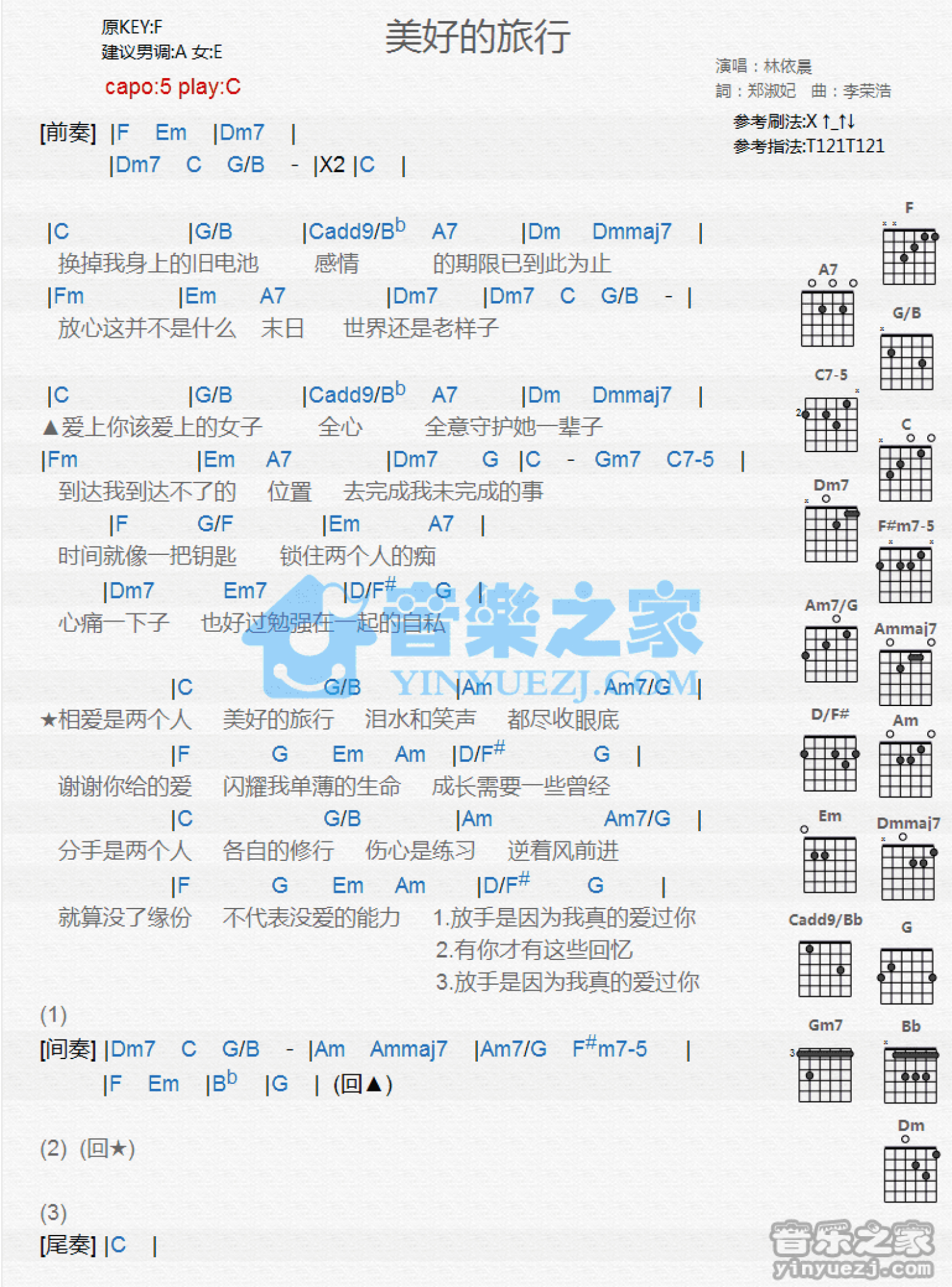 林依晨美好的旅行吉他譜c調吉他彈唱譜和絃譜