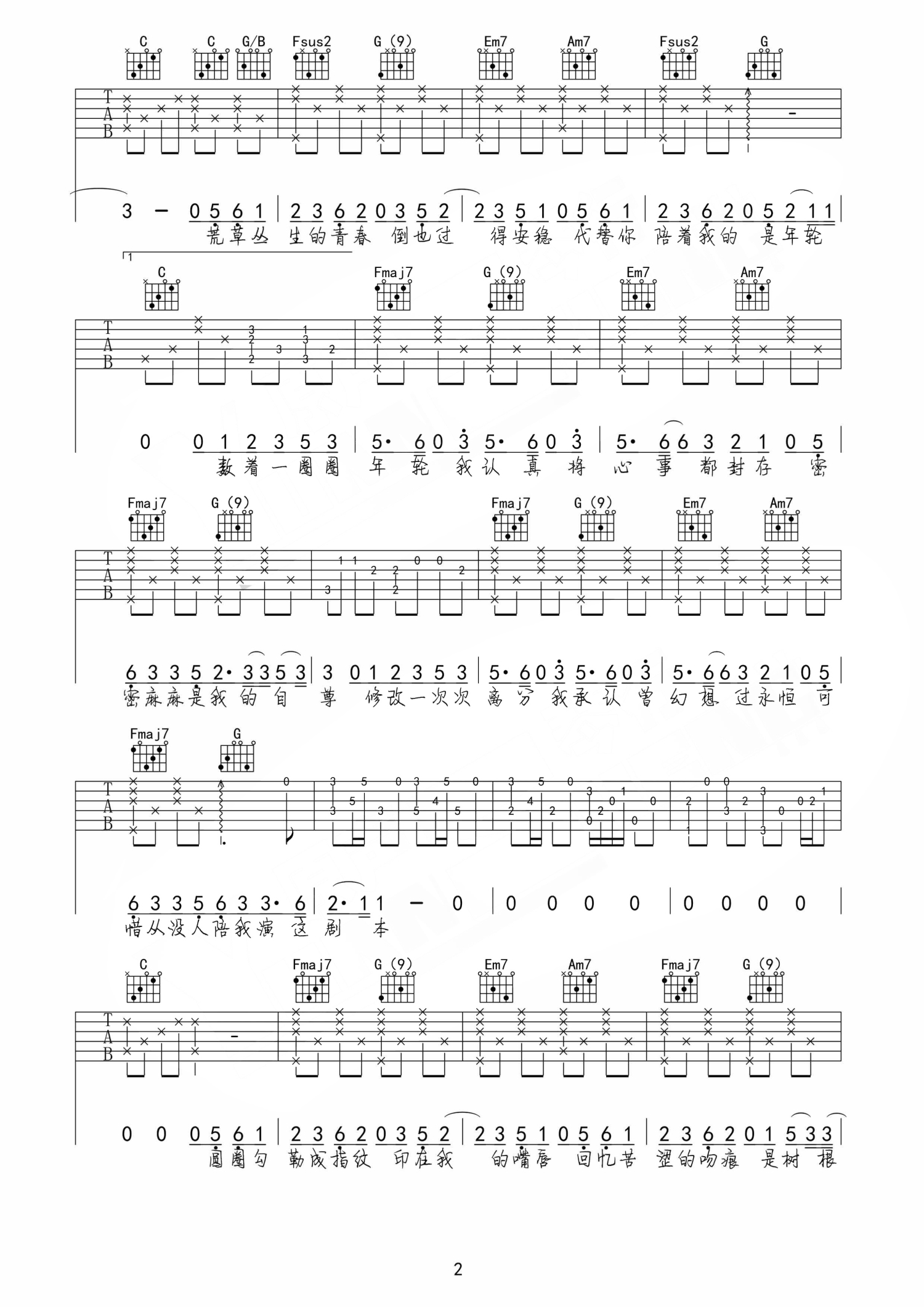 杨丞琳 - 年轮说(大树音乐屋) [弹唱 教学] 吉他谱