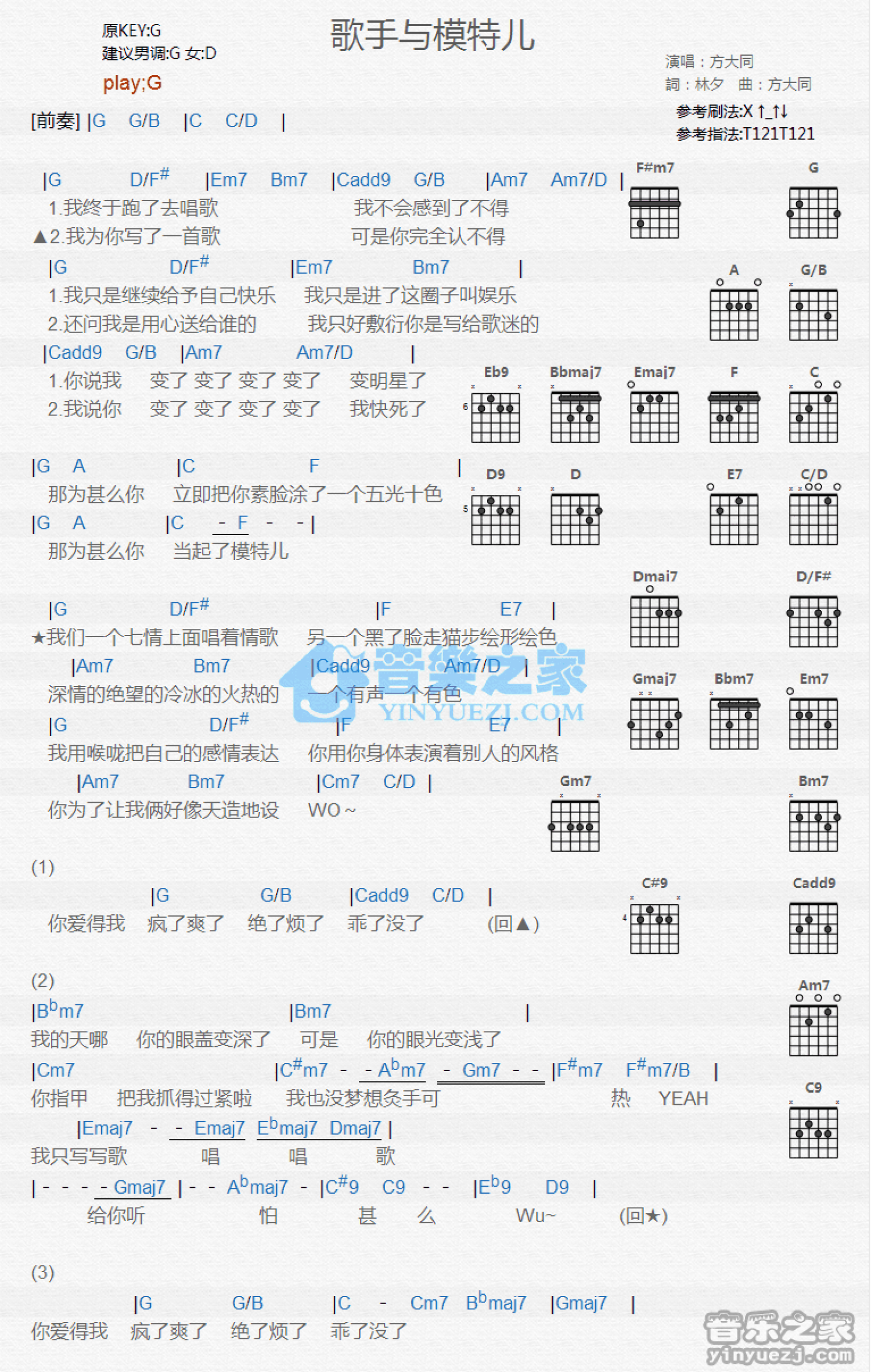 方大同歌手與模特兒吉他譜g調吉他彈唱譜和絃譜