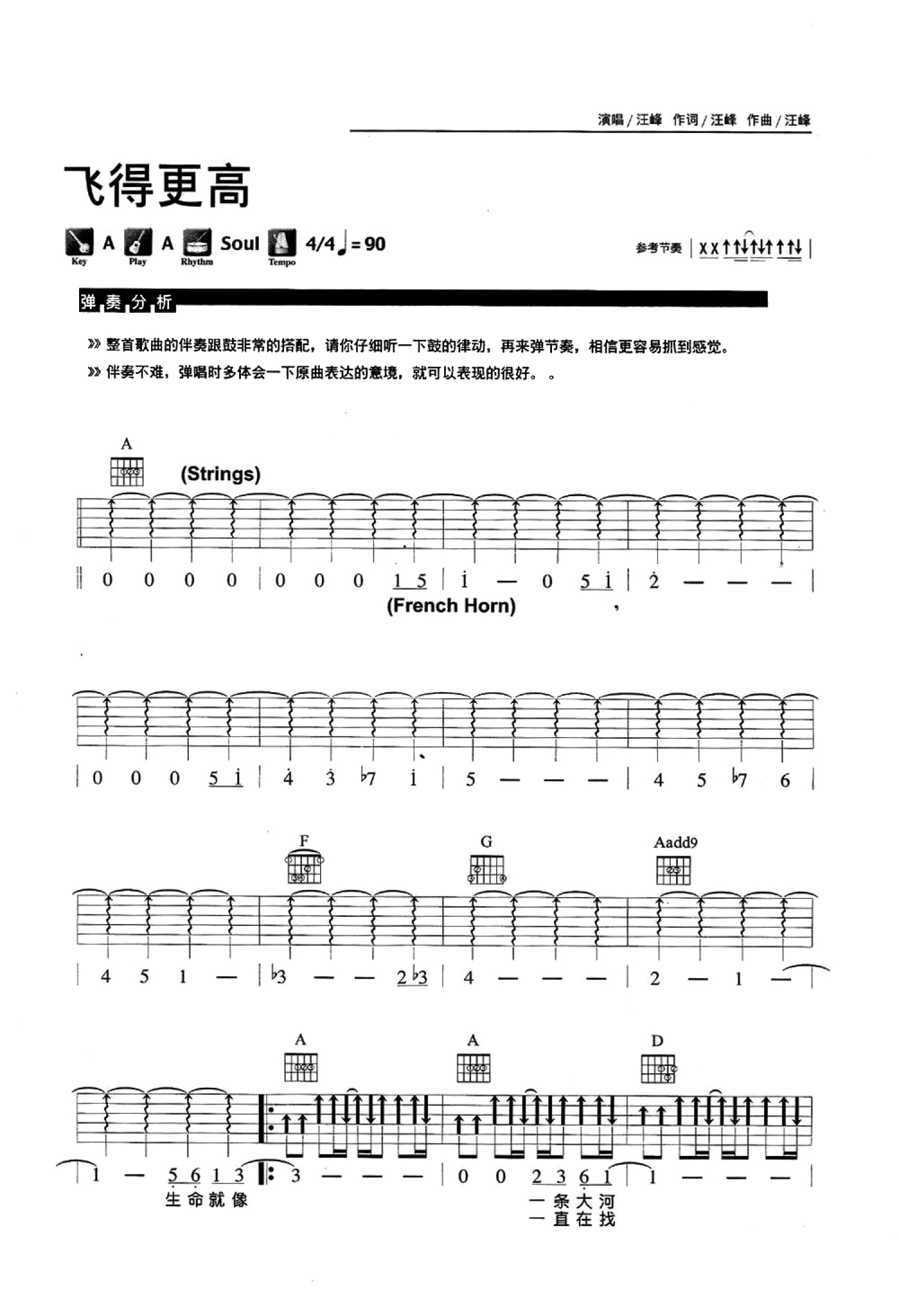 汪峰原唱飞得更高吉他谱C调和弦简单完整版吉他弹唱的六线谱曲子 - 易谱库