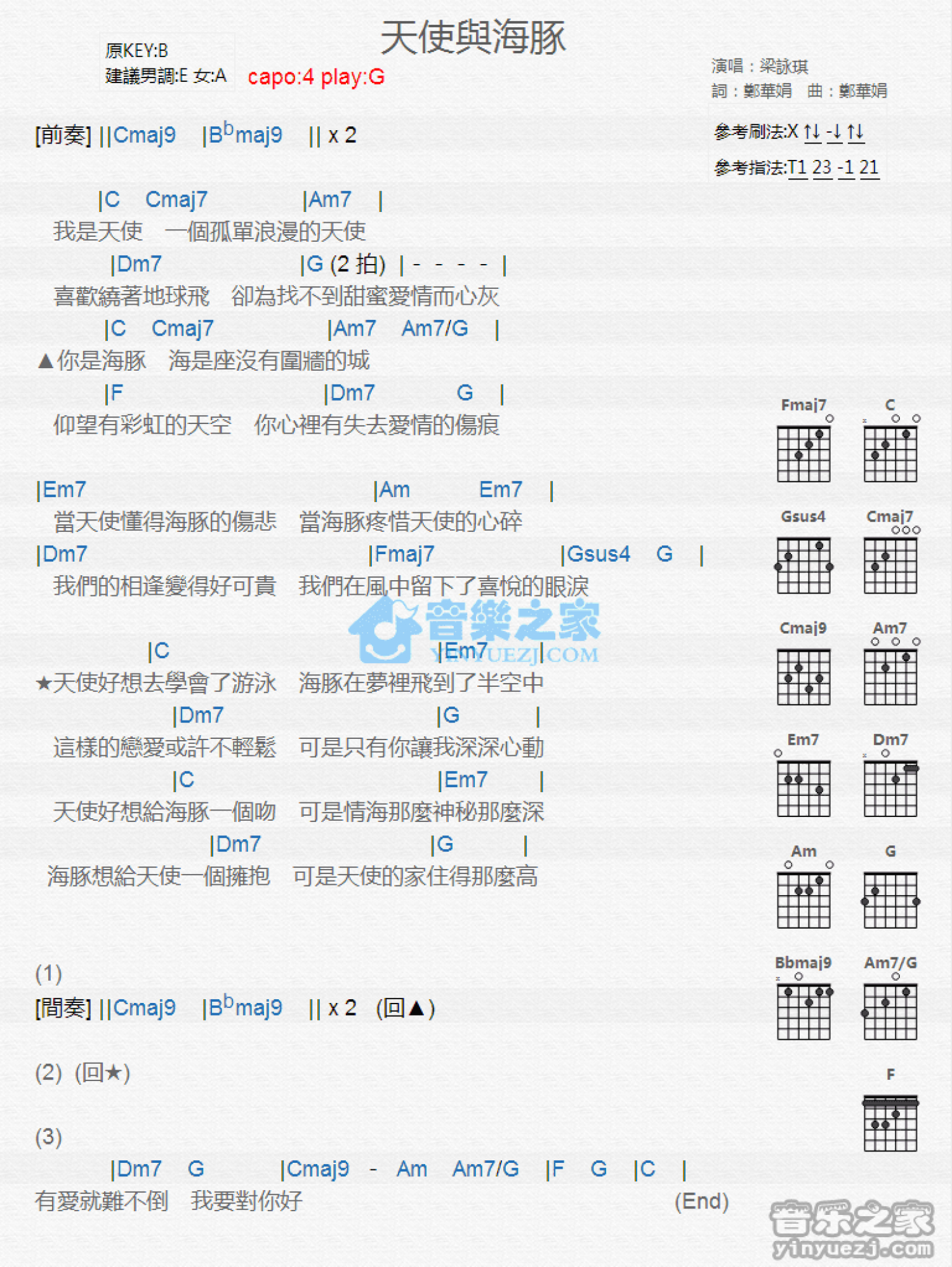 梁詠琪天使與海豚吉他譜g調吉他彈唱譜和絃譜