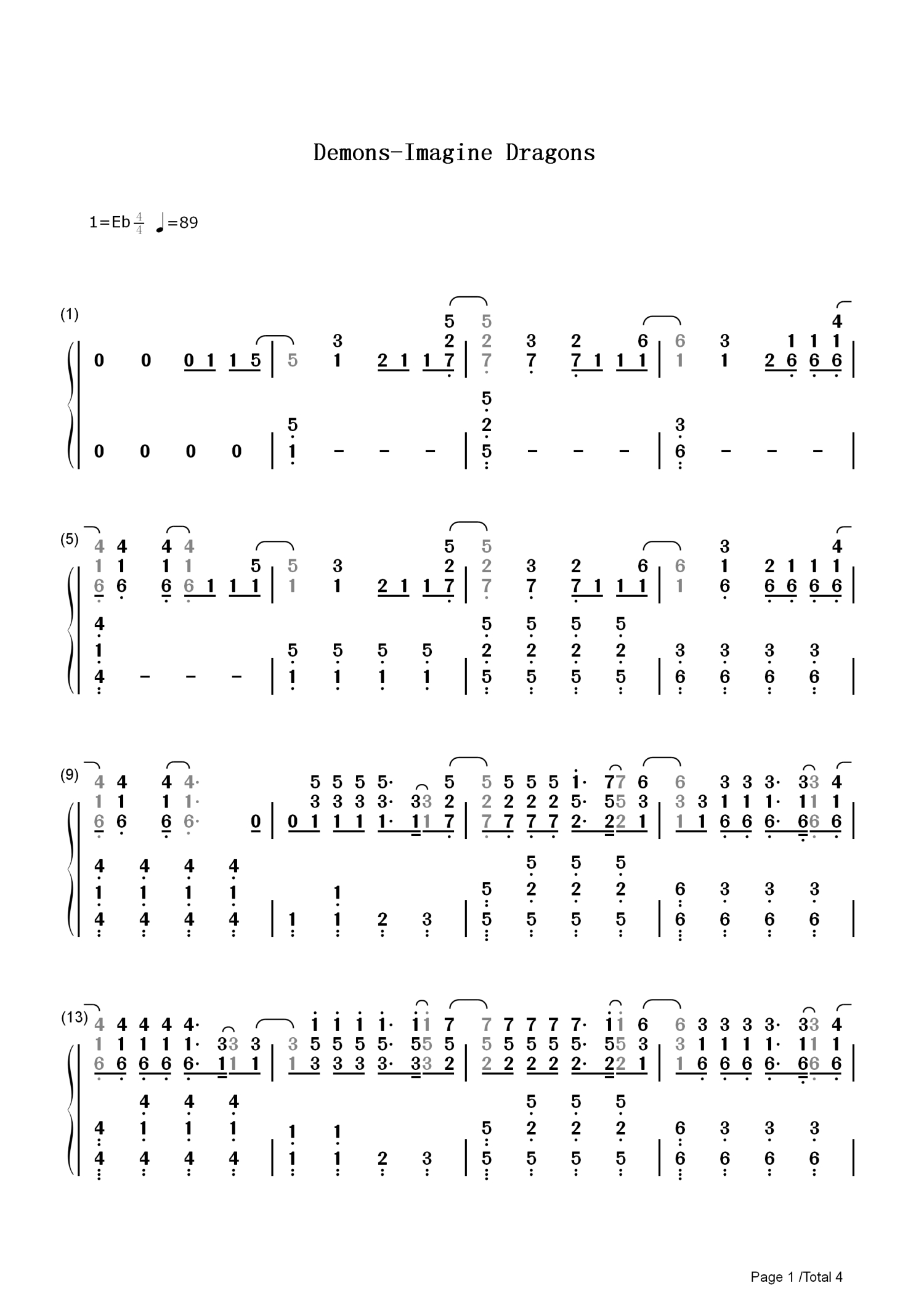 九層妖塔主題曲demonsimaginedragons鋼琴譜數字簡譜